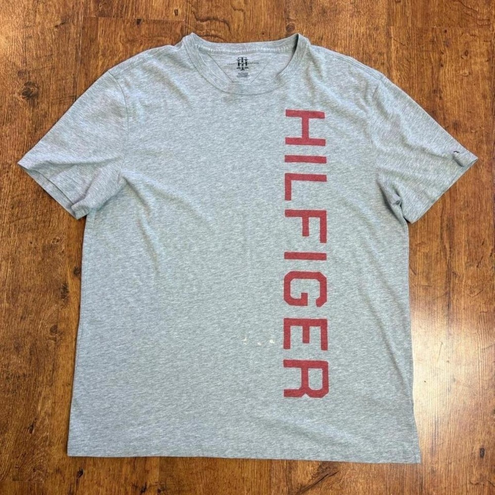 Tommy Hilfiger grey cotton t-shirt with red bold accents, bleach spots see pics